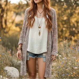 Lucky Brand Beige Knit Longline Cardigan Boho Cottagecore Pointelle Duster Y2K